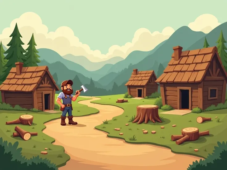  "An artistic depiction of a cene of a rustic village with rough wooden houses scattered around a dirt path. In the foreground, a rugged woodcutter holds an axe in his hand, standing beside freshly chopped wood and a tree stump. The background features a f...