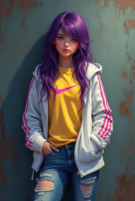 prompt: hypperealistic young girl leaning against a dirty dark wall with long messy purple hair with pink stripes, yellow tumblr t-shirt with Nike logo,j White hoodie jacket with Nike logo ripped jeans and hands in pockets, high detailed, 8k Hasselbald DSL...