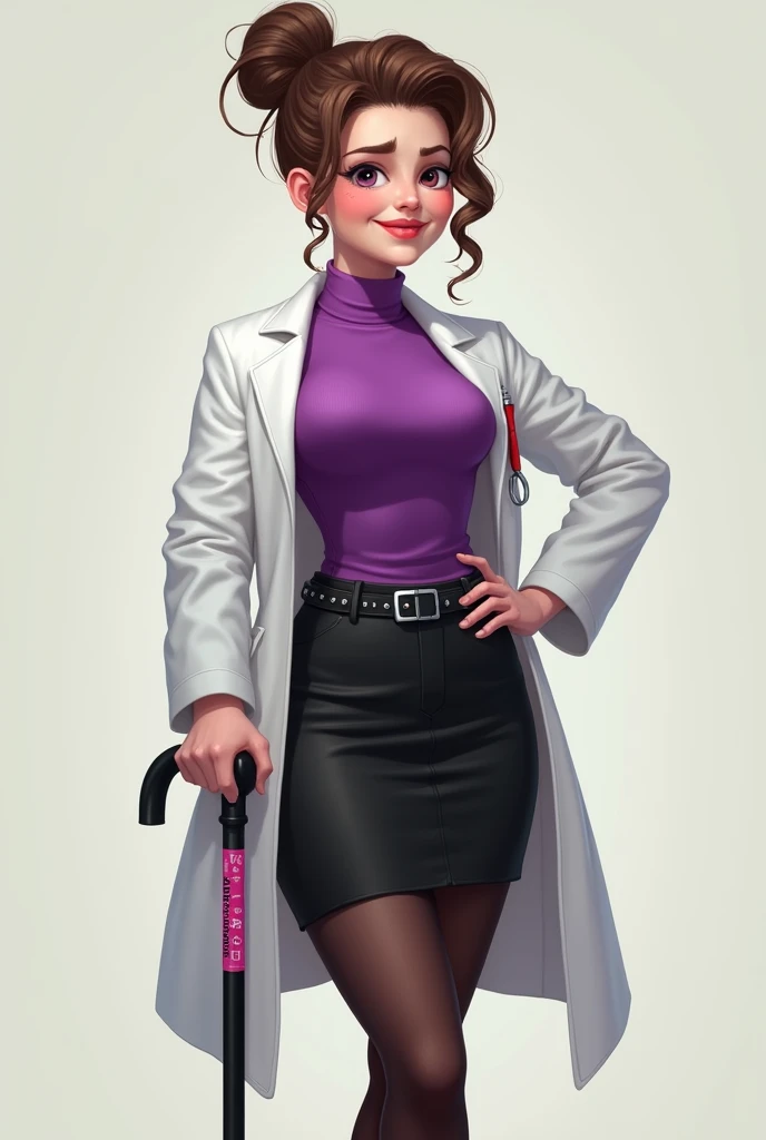 Digital art, half body, transgender man with a purple turtleneck, studded belt, slightly chubby, tight black pencil skirt, white doctors coat, pantyhose, fair skin, nervous smile expression, amber and purple eyes, brown curly hair with half in a neat bun, ...