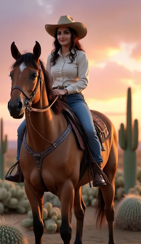 (photorealism:1.2), beautiful cowgirl, sitting on quarter horse , cacti in background,  relaxed pose, realistic, intricate details, warm pink and purple colors, by Greg Rutkowski, by Alphonse Mucha