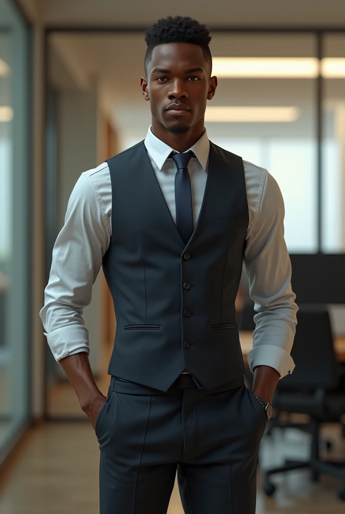 african hot guy teenage with short hair muscular teen body wearing office outfit.