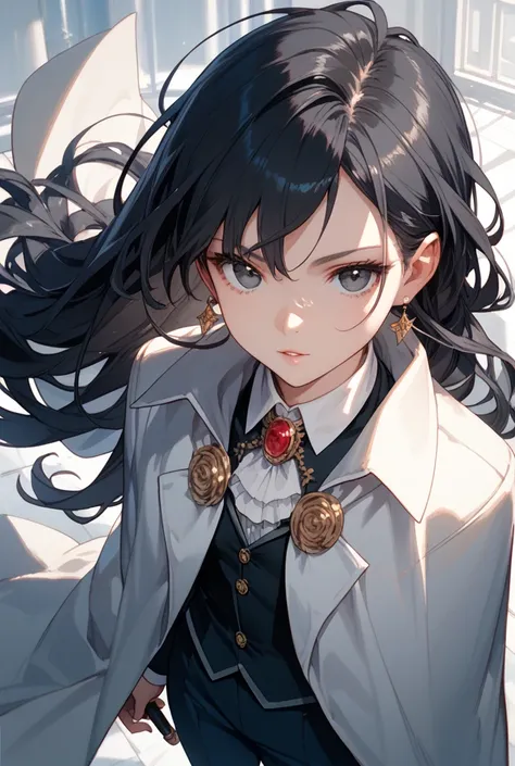 Girl in a magicians outfit,  black hair, above all, cloak, Simple uniform, long straight hair, silver black eyes