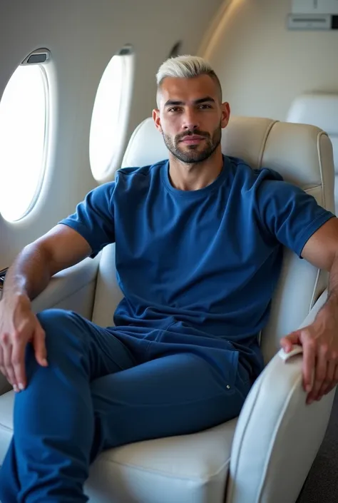  create the image of a 21-year-old man , Thëëo Jamës , high, strong body,  shaved hair painted snow white ,  short beard cropped on the side ,  square face ,  fair skin ,  strong and muscular , dynamic pose style, Relaxed,  sitting in a white armchair of a...