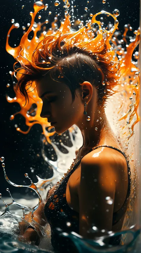 (analog film:2.0), backlit, woman bending water, medium wavey pixie mohawk haircut, black and orange, chaotic resonance, shimmering droplets, microdisplacement, aetheric realm, chiaroscuro, symbolism, intricate details, style of (Leonid Afremov:1.2) and An...