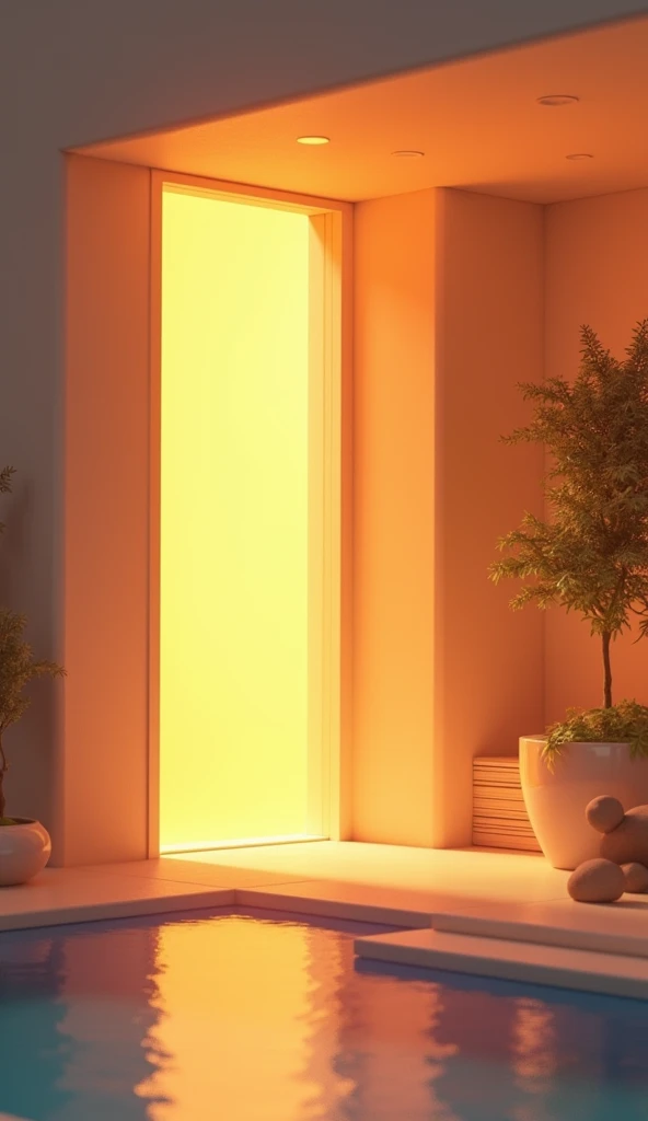 3D anime image Golden light illuminates the room as seen from the outside