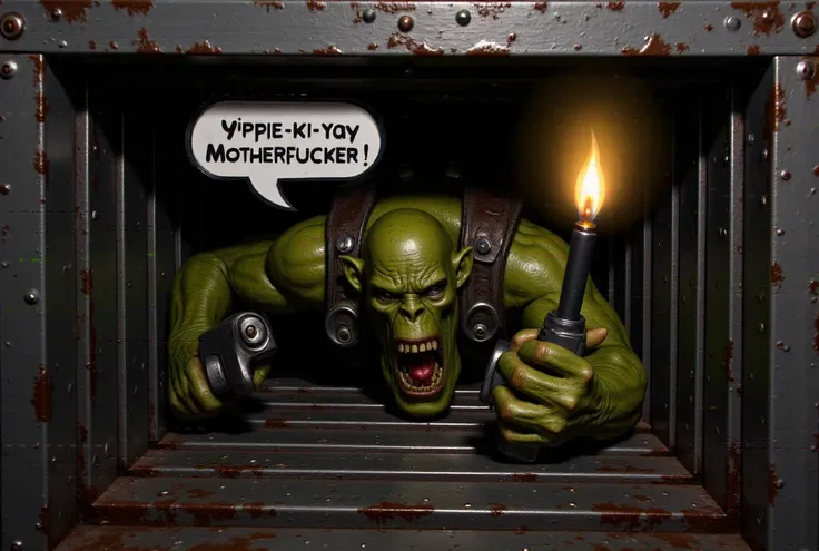 A grimy green skinned Ork, crawls on his stomach through a rectangular metal ventilation shaft. The viewpoint is entirely within the shaft. His body cramped , he holds a flickering lighter inside the cramped space. The flame from the lighter casts an eerie...