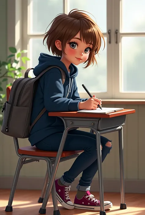 Young female girl with messy short light brown hair shoulder length, bright grey eyes, eye liner, pale skin, wearing a grey empty backpack, a navy blue hoodie dark blue fitted jeans with tears at the knees, burgundy converse. Sits in a classroom desk drawi...