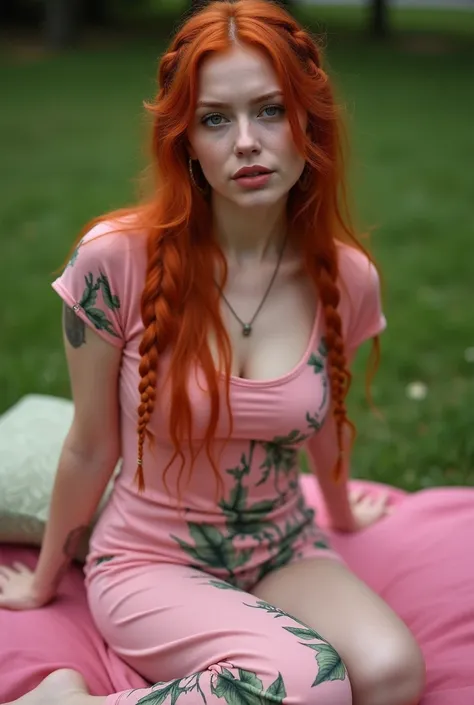 
Woman with long red hair、Big Breasts、 pink Drenched Tee 、Nipples protruding、Slightly slanted eyes、Looking at the camera、A little surprised face、red hair, smoking, european, one braided hair on her left shoulders,pink long dress with green leaves on it,sex...