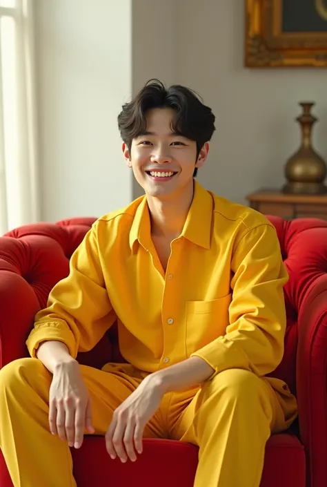  suga realistic in a luxurious white house sitting on a red sofa, his clothes are yellow  ,and he looks with a smile 