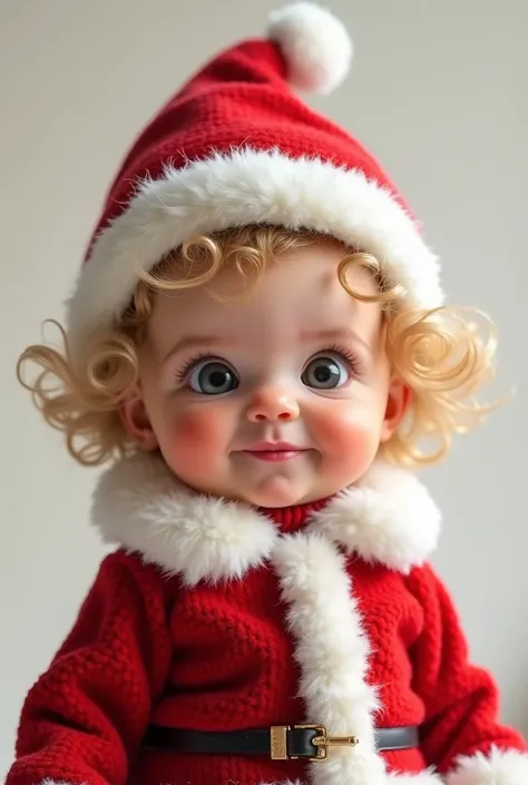 A baby in a blond Santa Claus outfit with curly hair big lips face sapeca