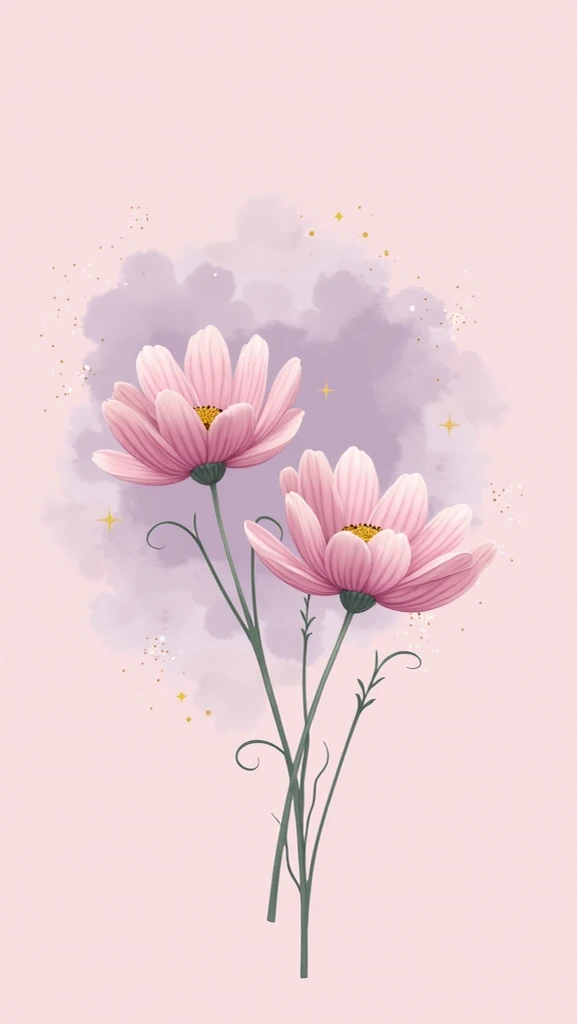 A bouquet of light pink cosmos flowers is depicted against a backdrop of soft, lavender-toned, marbled watercolor washes on a pale pink background. The flowers are rendered with delicate detail, showcasing soft petals and subtle shading.  The stems and lea...