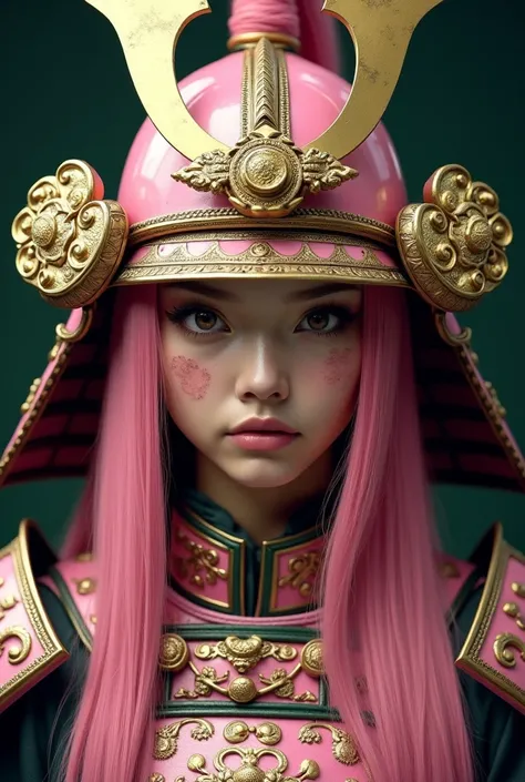 Prompt :
"Create a hyper-realistic_photo_portrait of a fierce female warrior with piercing brown eyes and long, stright pink hair, wearing detailed pink samurai armor with golden engravings. Her face shows the realistic effects of battle, including dirt, a...