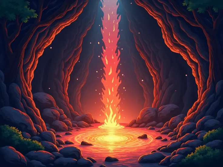  A cave hidden behind a waterfall in the forest . Upon entering,  the walls shine with orange and red tones due to the dancing flames that burn inside.  The air is warm and charged with energy .  At the bottom of the cave there is a small bubbling lava lak...