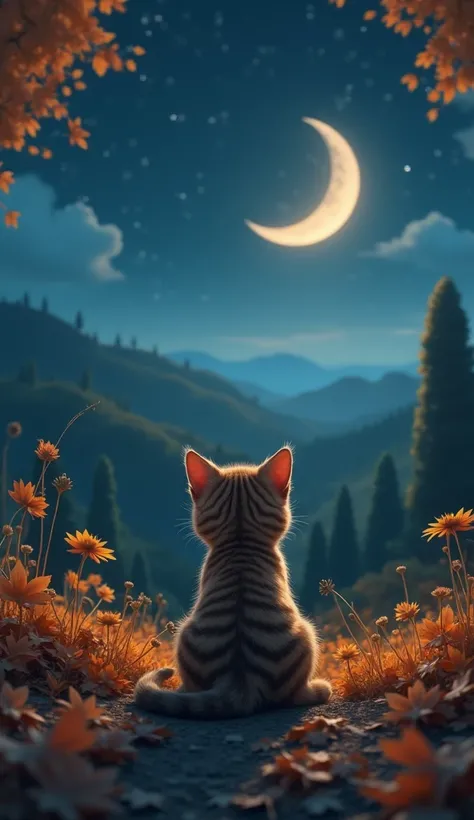  Fantastic Scenery 　Back view of a melancholy brown striped kitten sitting　autumn leaves　Night Sky　moon