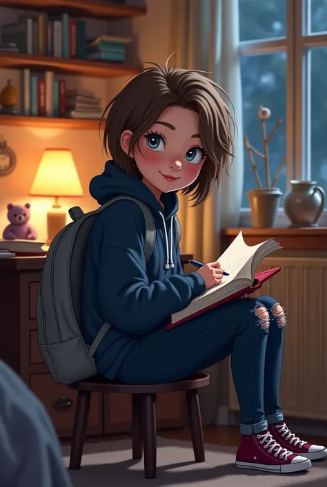 Young female girl with messy short light brown hair shoulder length, bright grey eyes, eye liner, pale skin, wearing a grey empty backpack, a navy blue hoodie dark blue fitted jeans with tears at the knees, burgundy converse. Sits in a dimly lit messy bedr...