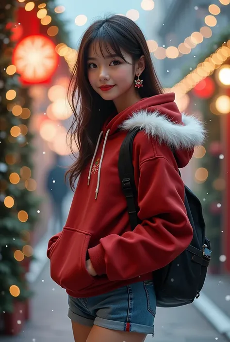 Prompt content（ Japanese ）

 ・Theme ：
Super realistic live-action Japanese beautiful girl spending time in the city during the Christmas season 。 focus on realistic texture and detail 、 and denim shorts and lights are arranged underneath Combining skinny p...