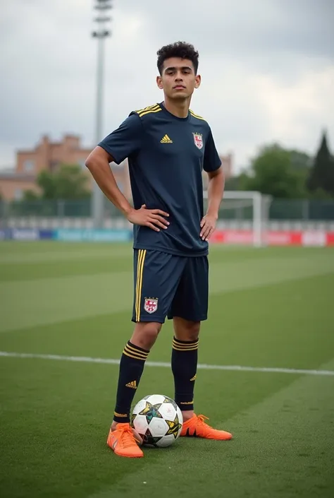 there is a young man standing on a soccer field with a ball, a picture by Amelia Peláez, trending on dribble, dau-al-set, mohamed chahin, emad mostaque, joel torres,  berber boy, malika favre, jonas roscinas, daniel mirante, brian pulido, pablo perdomo