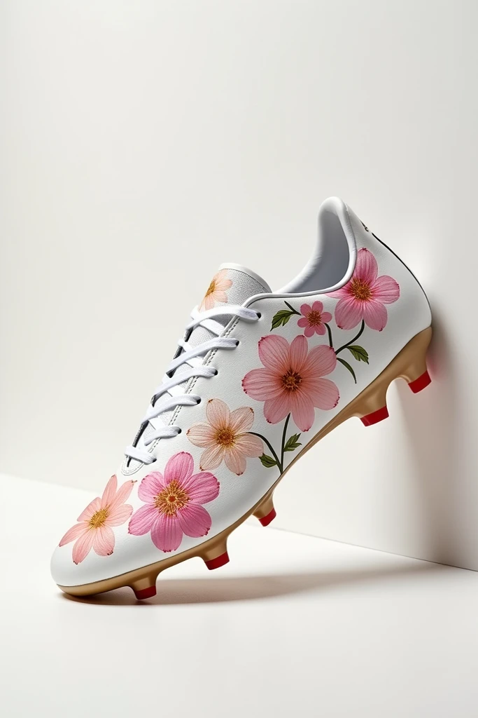 A white soccer boot with pink and gold lilies drawing on it