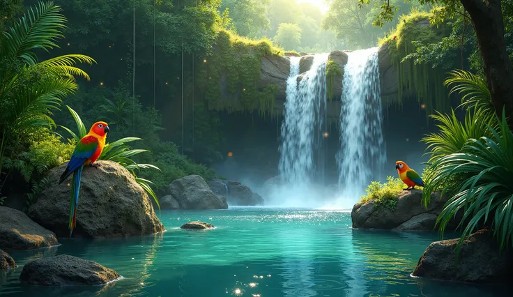 Design a peaceful rainforest setting that highlights the beauty of nature. The image features a cascading waterfall surrounded by moss-covered rocks, with vibrant ferns and tropical plants framing the scene. Glowing raindrops fall gently into a crystal-cle...