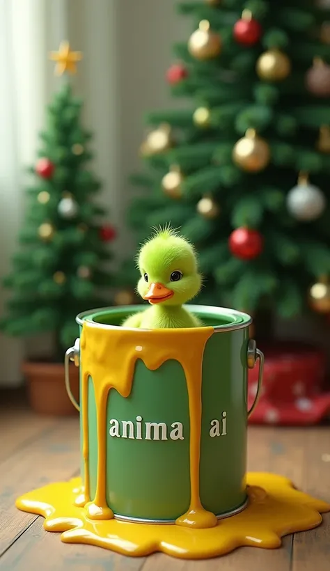  A little Verde duckling with verde feathers is inside a paint can , The tin is dripping Amarela paint ,  it is next to a Christmas tree in a room . a lata de titan tem um nome escrito "Anima AI"