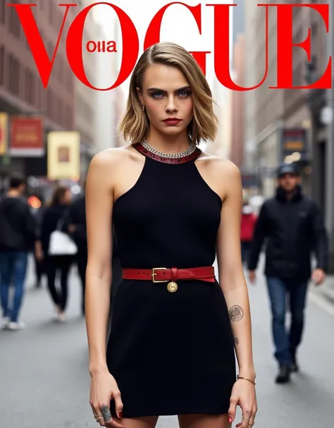 Magazine front cover " Vogue " written in middle Red decoration letters at the upon the screen Front pose, standing pose, right hand on hip, Front view, cowboy shot, Cara Delevingne, middle hair, blonde hair, serious, Chanel design earing and neckless, Bla...