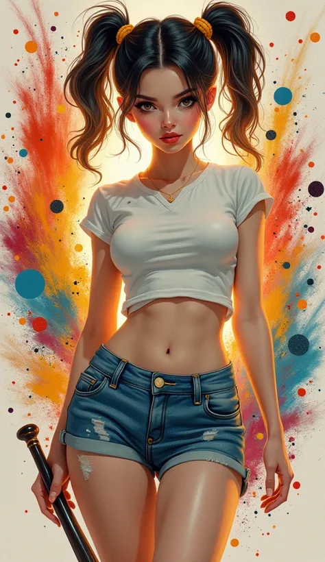 the proportions and detailed textures  multicolored brushwork and softened with airbrush, semi-realism ink china illustration featuring young girl (in high quality of full body) character with a striking appearance, with an innocent looking, perfect face, ...