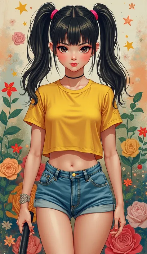 the proportions and detailed textures  multicolored brushwork and softened with airbrush, semi-realism ink china illustration featuring young girl (in high quality of full body) character with a striking appearance, with an innocent looking, perfect face, ...