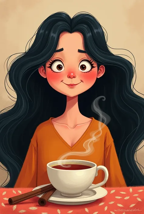  Image for meme of a woman with very long black hair, big red cheeks and cinnamon tea 
