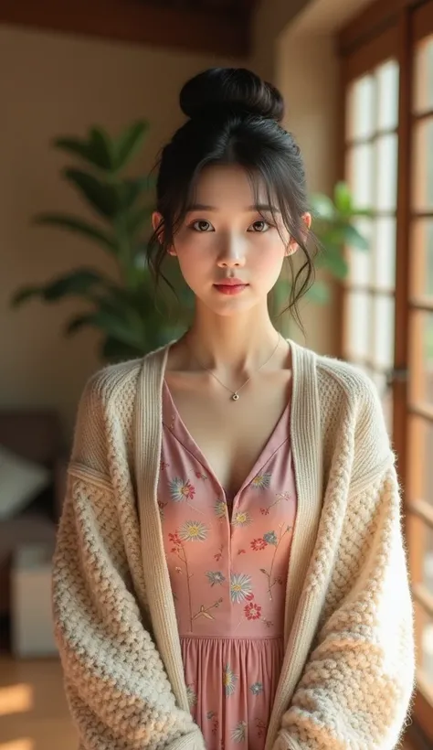 a young Korean housewife in a beige knitted cardigan, pink floral dress, sandals, large hair bun, standing in living room, face to viewer, feminine pose, serene expression, cute face, detailed face, detailed clothing, detailed background, natural lighting,...