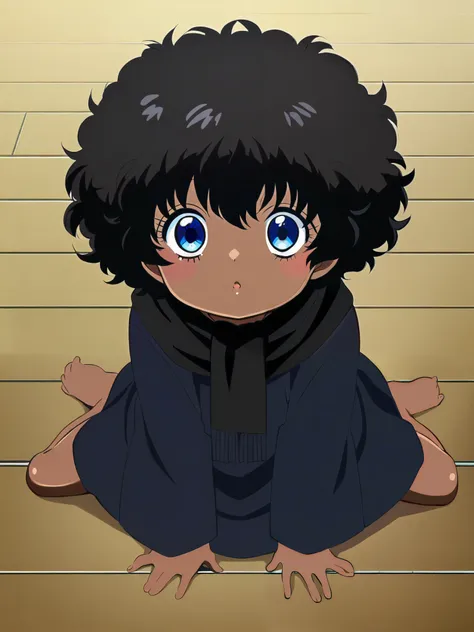 HunterXHunter screencap anime style high angle of a cute small toddler girl big head with short hair black hair wavy hair fluffy hair afro dark brown skin tone blue eyes wearing a black scarf around neck wearing a black robe sittign on floor playing with t...