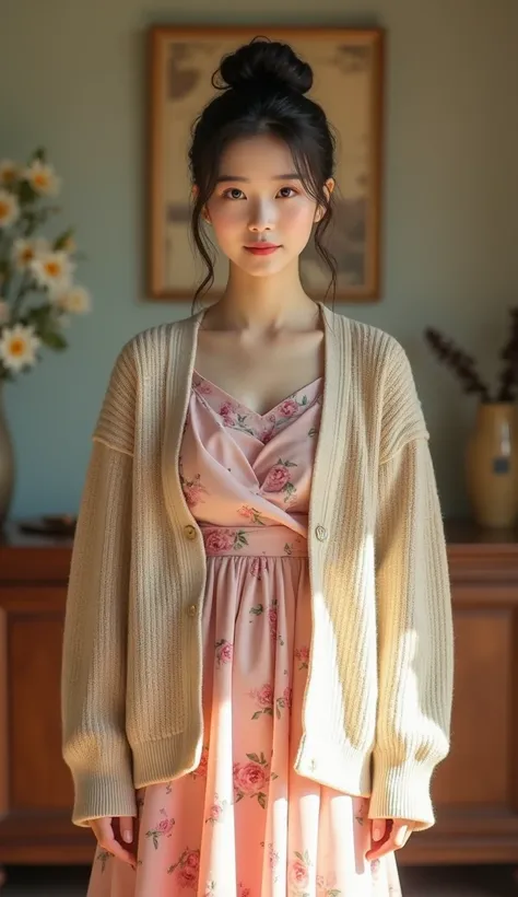 a young Korean housewife in a beige knitted cardigan, pink floral dress, sandals, large hair bun, standing in living room, face to viewer, feminine pose, serene expression, cute face, detailed face, detailed clothing, detailed background, natural lighting,...