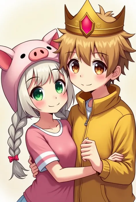  create a cartoon of a couple the girl with green eyes piggy hat white hair with 2 braids and pink bows in her hair a pink t-shirt with white collar with stripes on her arms horizontal white and pink and a boy with brown eyes ,Yellow hair with gold crown g...