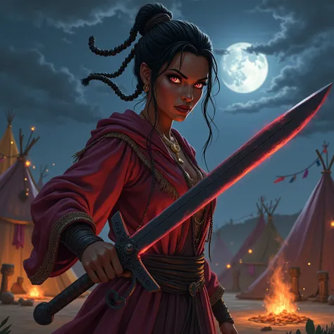 until,  digital illustration ,  highly detailed ,  tongue ,  an unrealistic illustration ,  digital painting ;  a dark-skinned gypsy woman ,  quite dark  (#3B2F2F ),  with striking Arab features .  She appears to be about 40 years old ,  with a powerful an...