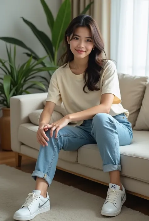  Long shot photography full body of a beautiful Asian woman wearing a cream t-shirt,jeans,Jordan sneakers white color , sitting on sofa with living room background , real looking photos super HD natural lighting resolution 32k 