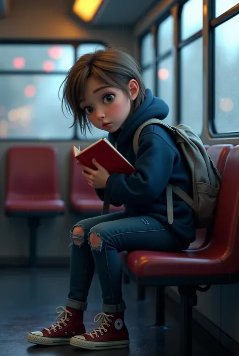 Young  female girl with messy short light brown hair shoulder length, bright grey eyes, eye liner, pale skin, wearing a grey empty backpack, a navy blue hoodie dark blue fitted jeans with tears at the knees, burgundy converse. Sits in a dimly lit city bus ...