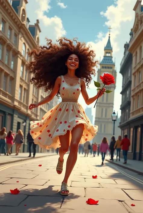 Illustrative cover of a curly-haired woman running through the streets of London with a rose in her hand 