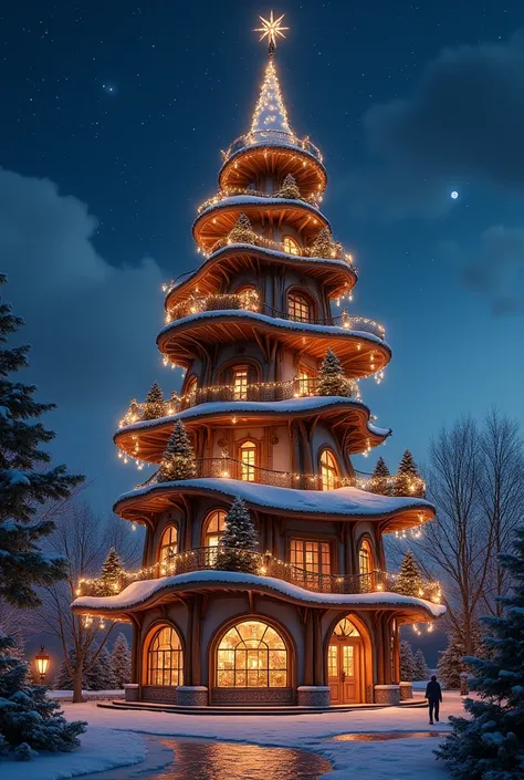 Create a building with balconies, in the shape of a Christmas tree, with lights, night landscape, architecture 