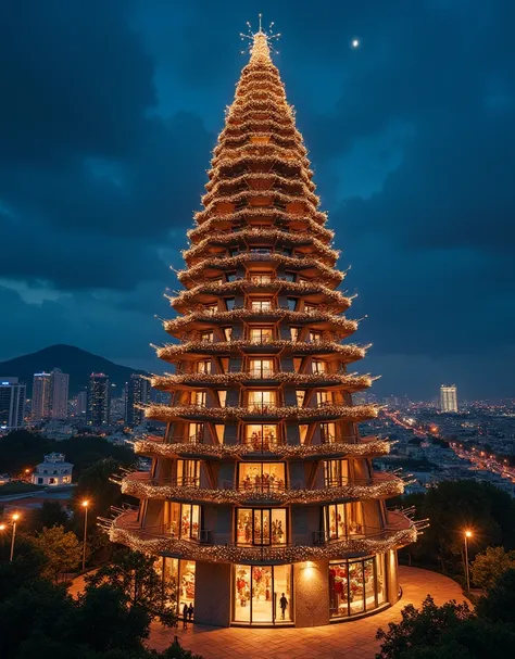 Create a building with balconies, in the shape of a Christmas tree, with lights, City at night,