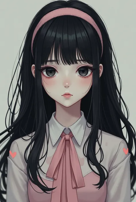 A long black haired teenage girl with black eyes wearing a long sleeved outfit with a cute pink headband and pink nnebe clothes