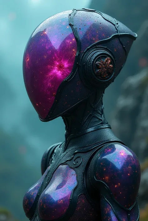 Closed up photography,starrium the cosmic prime, cosmic high shape, super intricate armor, the unusual head no face fiture, secret project cosmic armor,cosmic skin armor, unusual grande oval shape, dark moody misty cloud background, dark turquoise,magenta ...