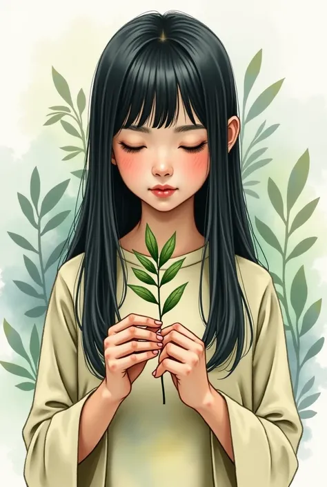 Girl with straight black hair showing an olive leaf with watercolor