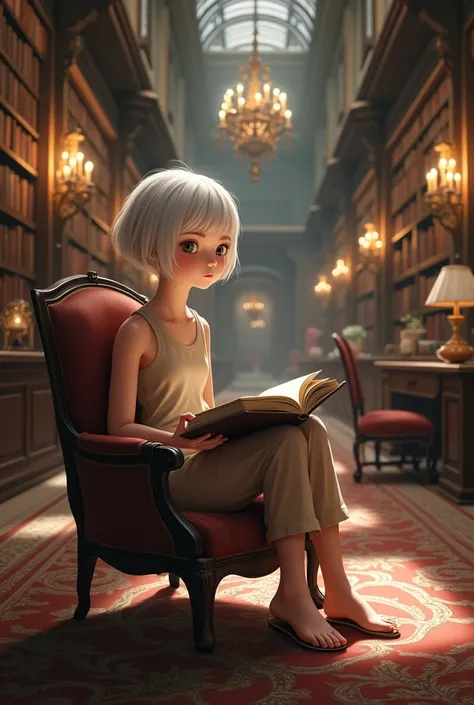 A girl with short white hair reading sitting on an armchair and in a large and beautiful library wearing a jumpsuit 
