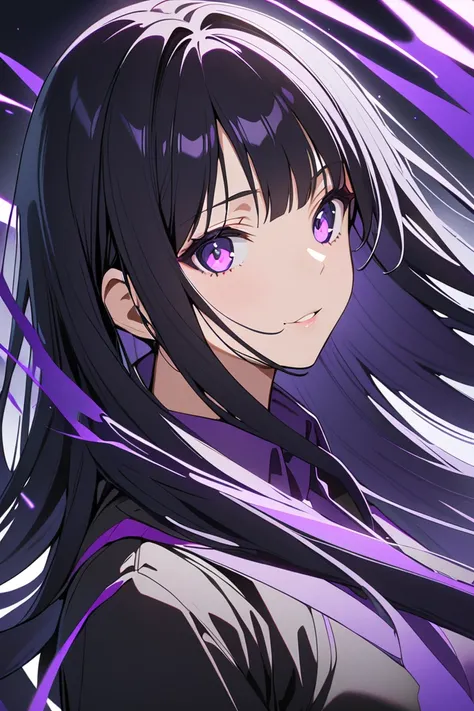 a girl with long black hair and purple eyes
