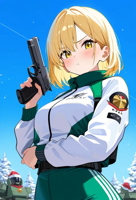 score_9,score_8_up,score_7_up,rating_safety,source_manga,masterpiece,best quality,hyper detailed,super fine illustration,8k,BREAK 1 girl,9yo,blonde hair,bob,yellow eyes,pout,white jacket,green tracksuits,holding_blue light savor,handgun,standing,BREAK batt...