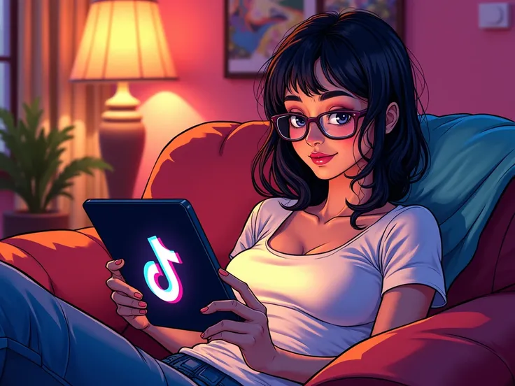 comic book art woman at home on the couch with a glowing tabletwith TikTok 