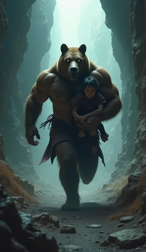 In a gloomy canyon, illuminated only by scattered rays of light piercing the mist, a muscular giant with the head of a grizzly bear runs away from danger, carefully carrying a  little black girl, barefoot, on his lap, holding her firmly on his lap with his...