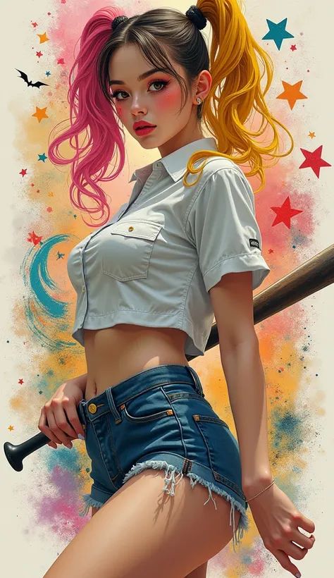 the proportions and detailed textures  multicolored brushwork and softened with airbrush, semi-realism ink china illustration featuring young girl (in high quality of full body) character with a striking appearance, with an innocent looking, perfect face, ...