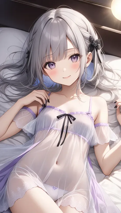   ONE CUTE -OLD GIRL ,Young Face、 slim figure、Thin legs、7.5 heads、((Beautiful thin gray hair))、( light blue-purple inner color hair )、(( Neat and serious hairstyle with the tips neatly aligned ))、(The white gothic, stylish, and transparent fabric nightdres...