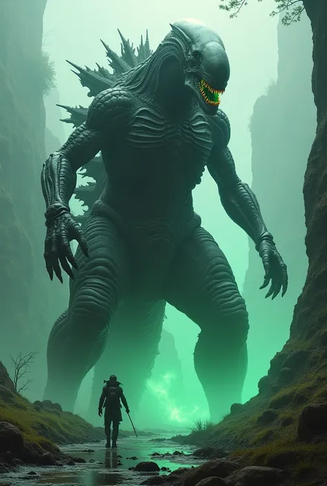  Xenomorph and Godzilla fusion, fantasy world, 100 meters high ,  color totally black, fantasy world,Is there a green fire coming out of the mouth, Xenomorph queen appearance  