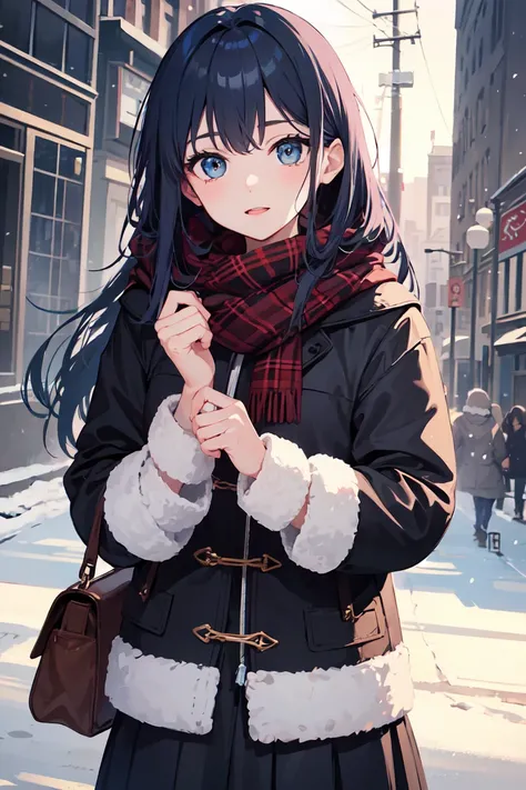  1girl, winter,  blue hair,  long hair,  in winter clothes  